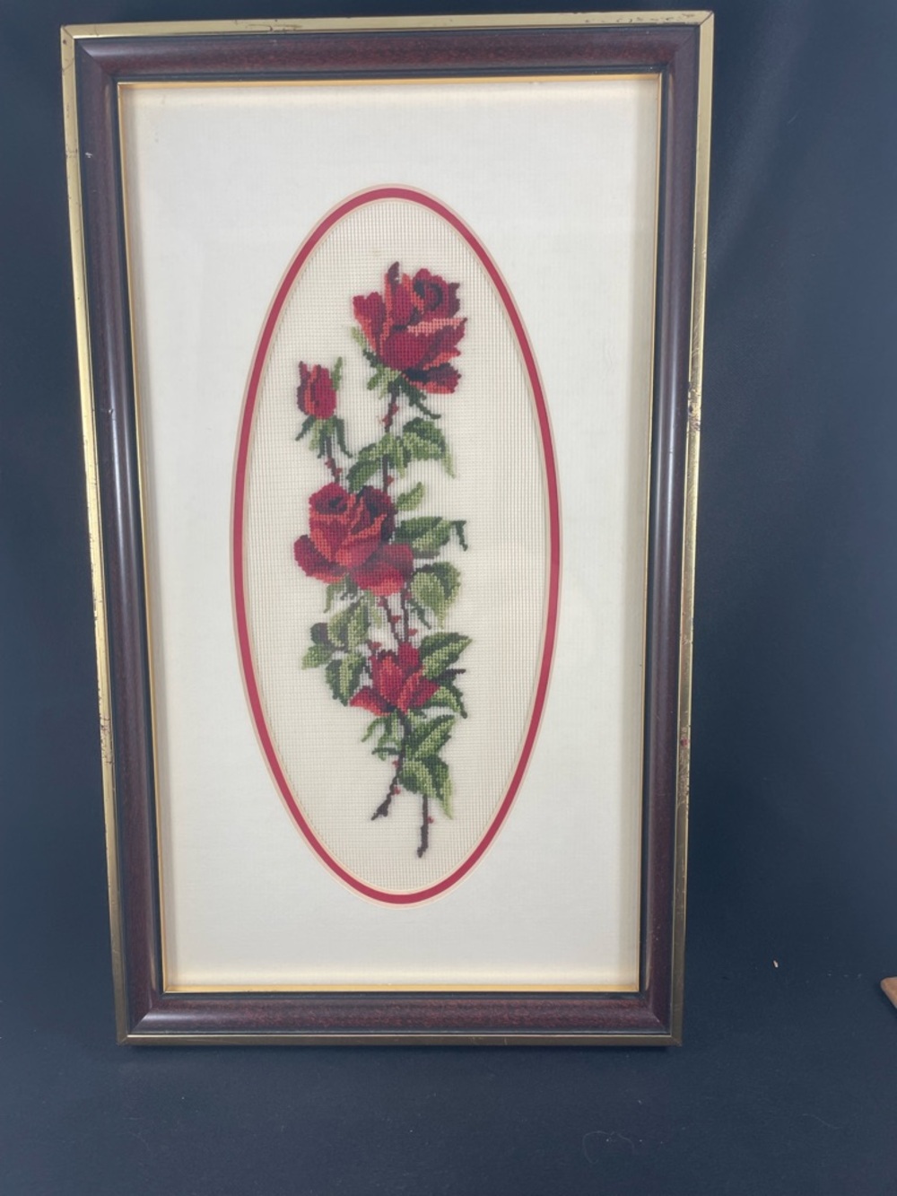 Framed Petit Point Red Rose Artwork